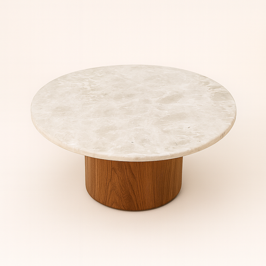 Mesa de Centro Malbec Mármore Travertino White Cream - Base Cilindro Grande