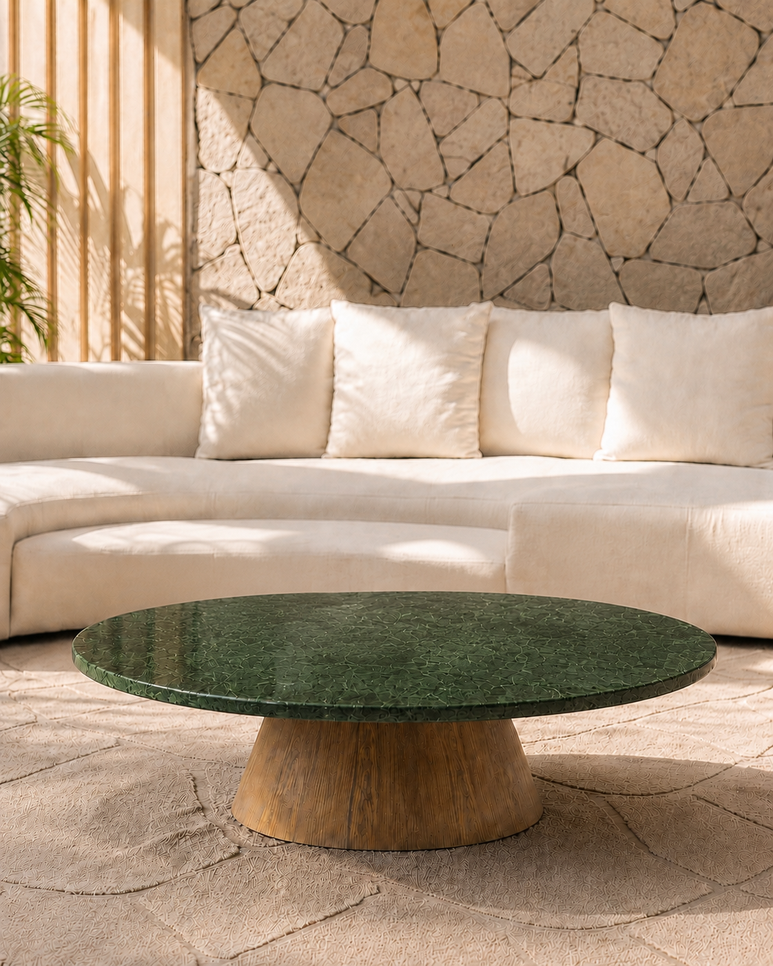 Mesa de Centro - Malbec Dallas Mármore Verde Guatemala Textura Polida ( Com Brilho ) / Base Cone