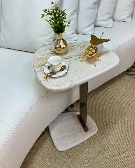 Linha Concha - Mesa Pérola - Mármore Travertino Romano ( Textura Natural )