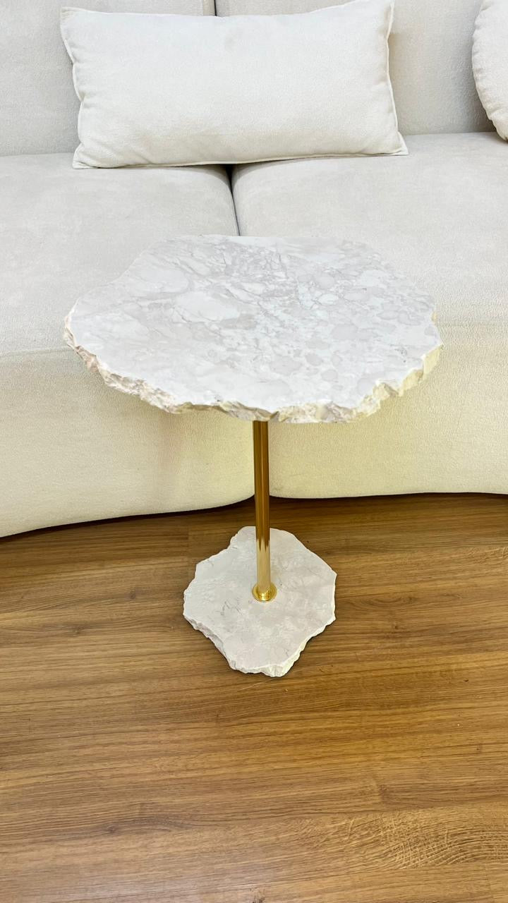 Mesa de Apoio - Mármore Travertino White Cream - Haste Dourada