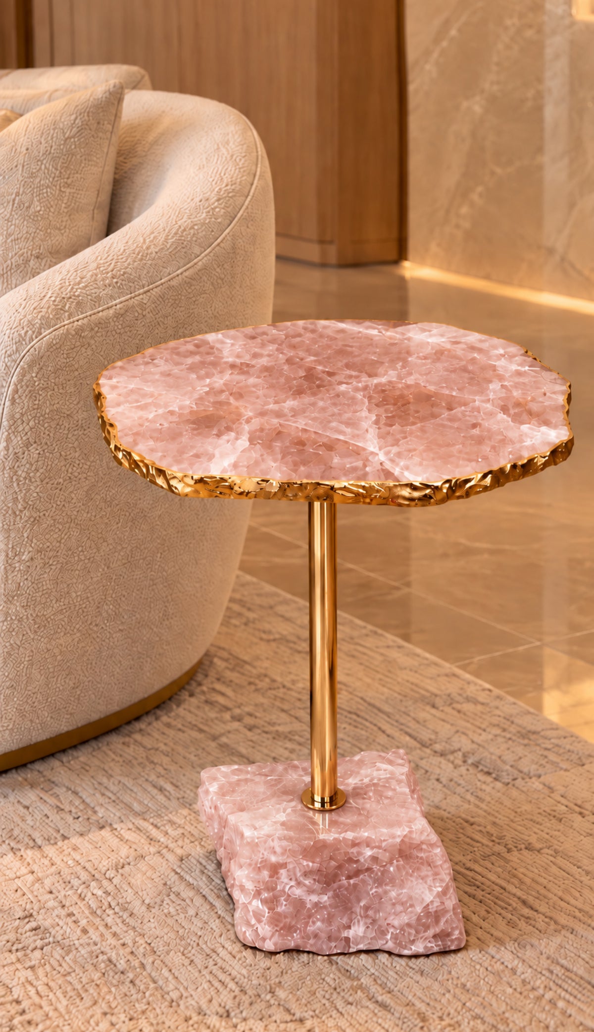 Mesa Lateral Pietra | Önix Cristallo Rose Borda Folha de Ouro 24 k - Haste Doura Polida