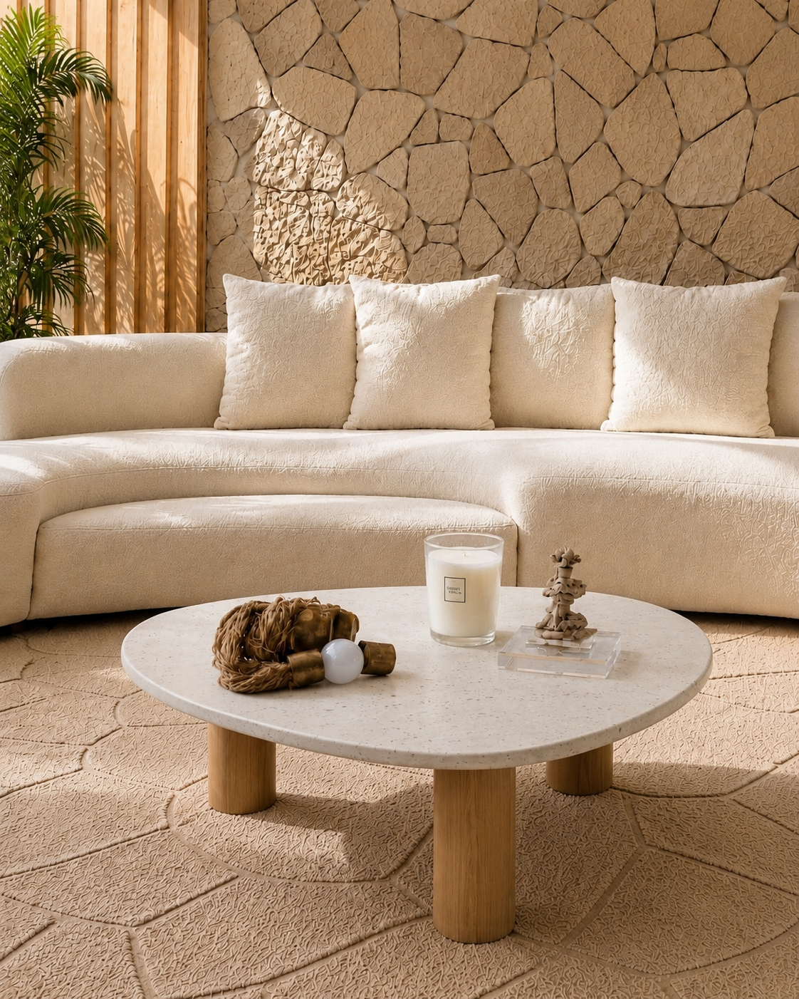 Mesa de Centro - Sangiovese Mármore Travertino Romano - Textura Natural - Base Cilindro Pequeno