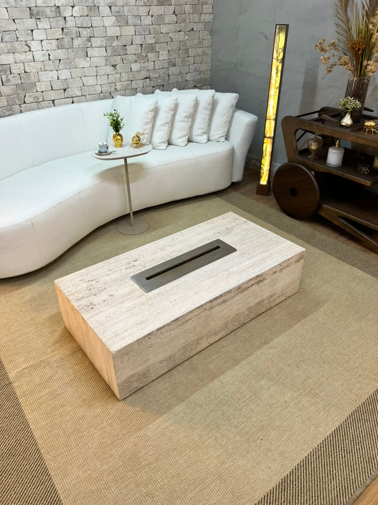 Mesa de Centro Vulcano com Lareira em Mármore Travertino Romano
