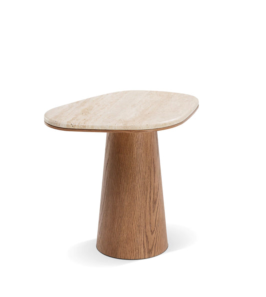 Mesa Conha de Apoio - Mármore Travertino Romano Legítimo - Base Cilindro Robusta Madeira Freijó