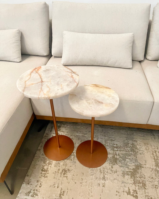 Dupla redonda - Mesa Lateral Quartzito Cristallo Rose - 2 Mesas 65 e 60 Cm