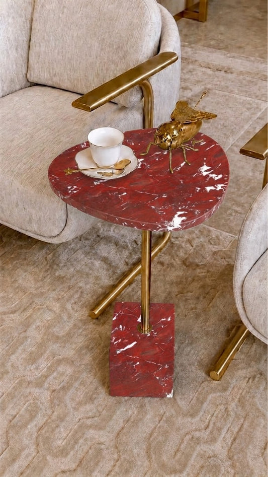 Mesa Sangiovese - Mármore Vermelho Napoleon | Haste Dourada | Textura Levigada