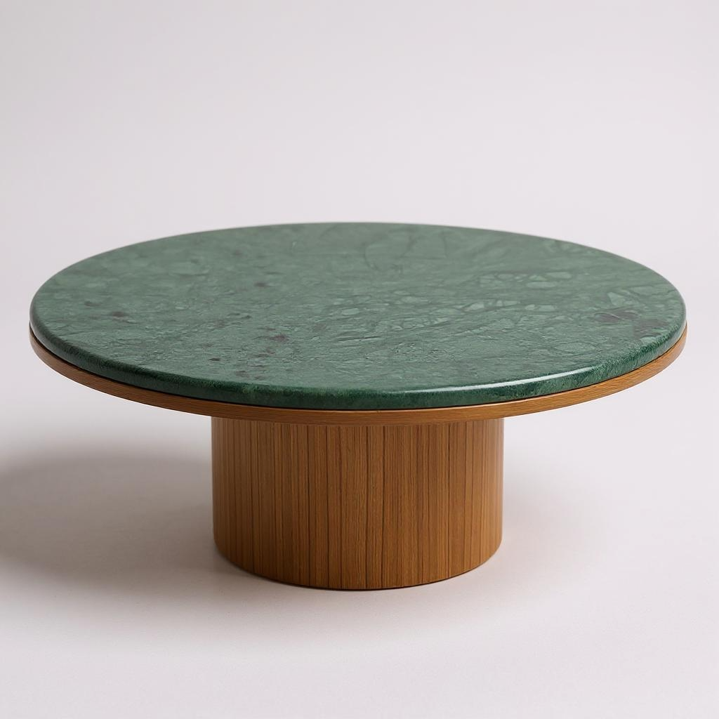 Mesa de Centro - Malbec Dallas  Mármore Verde Guatemala Textura do Tampo Polido ( Com Brilho ) - Base Cilindrica Grande com Borda