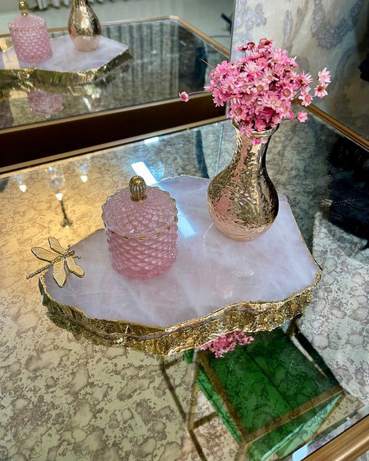 Platter Quartzo Rosa - Natural com Bordas Folheadas a Ouro 24k