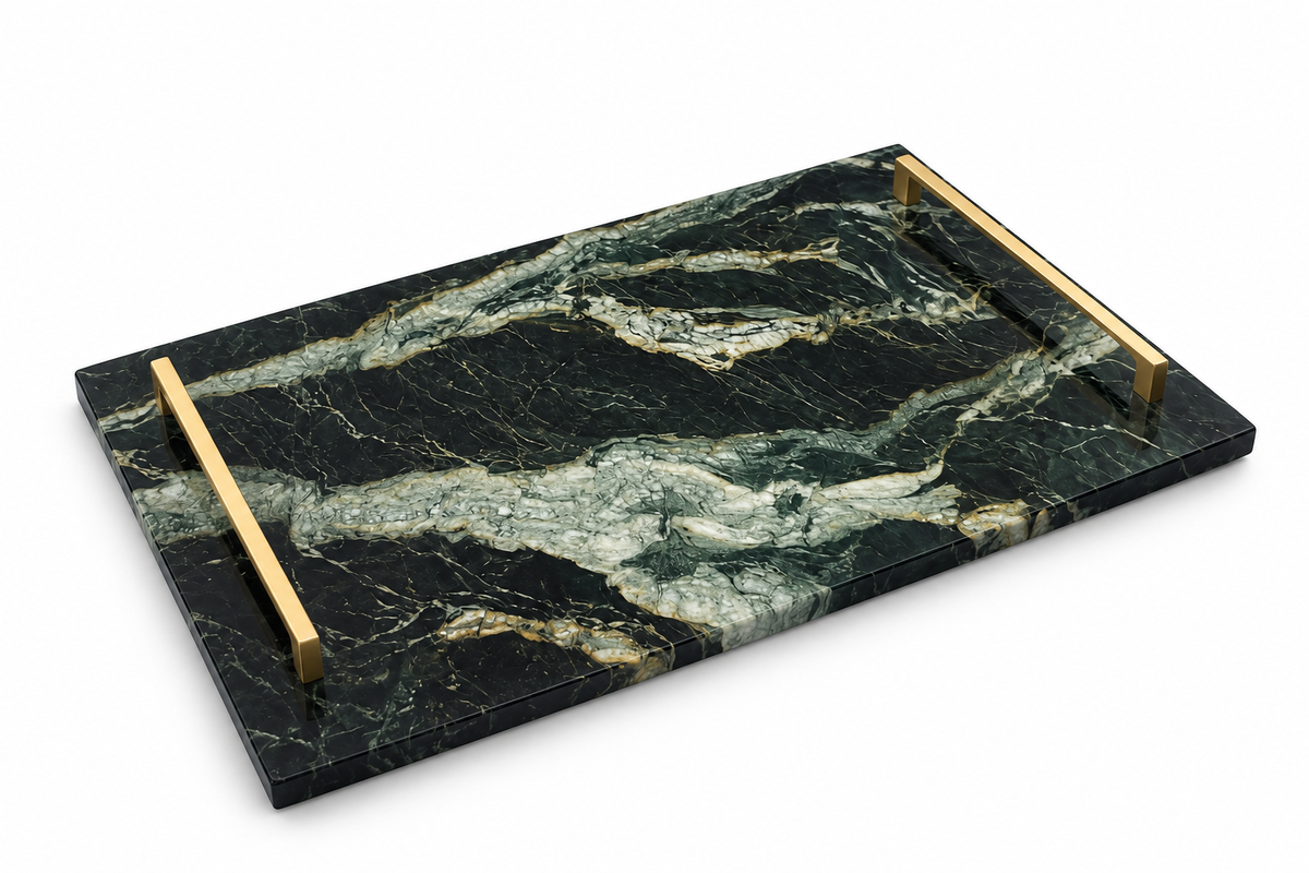 Bandeja - Mármore Verde Alpi - Alça Slim Dourada 30x50 Cm