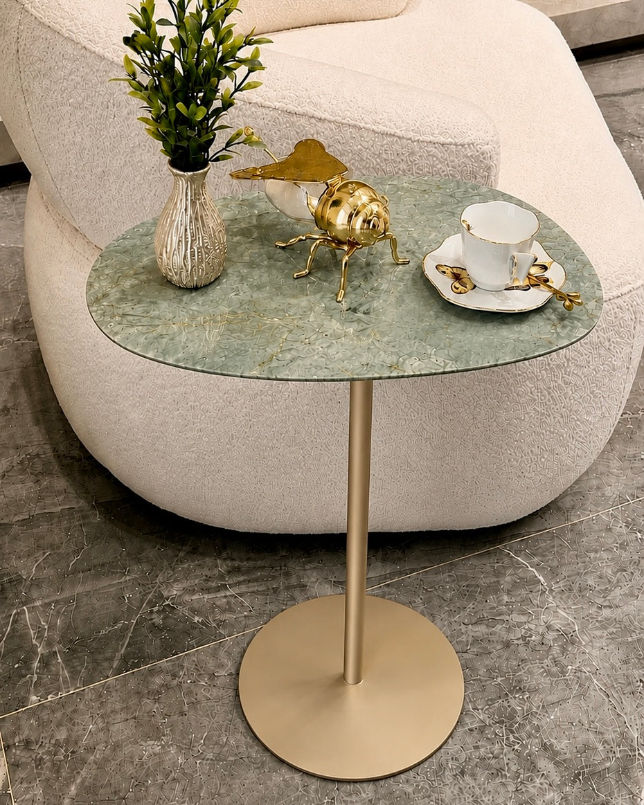 Mesa - Lateral Tulipa - Quartzito Verde Esmeralda | Base Cor Champanhe
