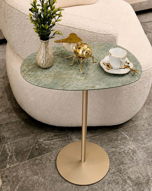 Mesa - Lateral Tulipa - Quartzito Verde Esmeralda | Base Cor Champanhe
