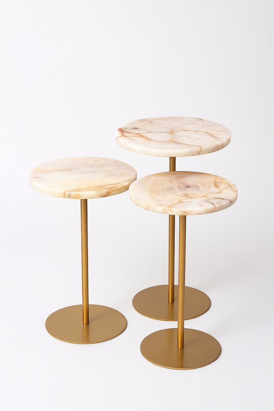 Trio mesas Apoio  - Quartzito Cristallo Rose - Base cor Dourada Ouro - 3 Mesas 65 , 60 e 55 Cm