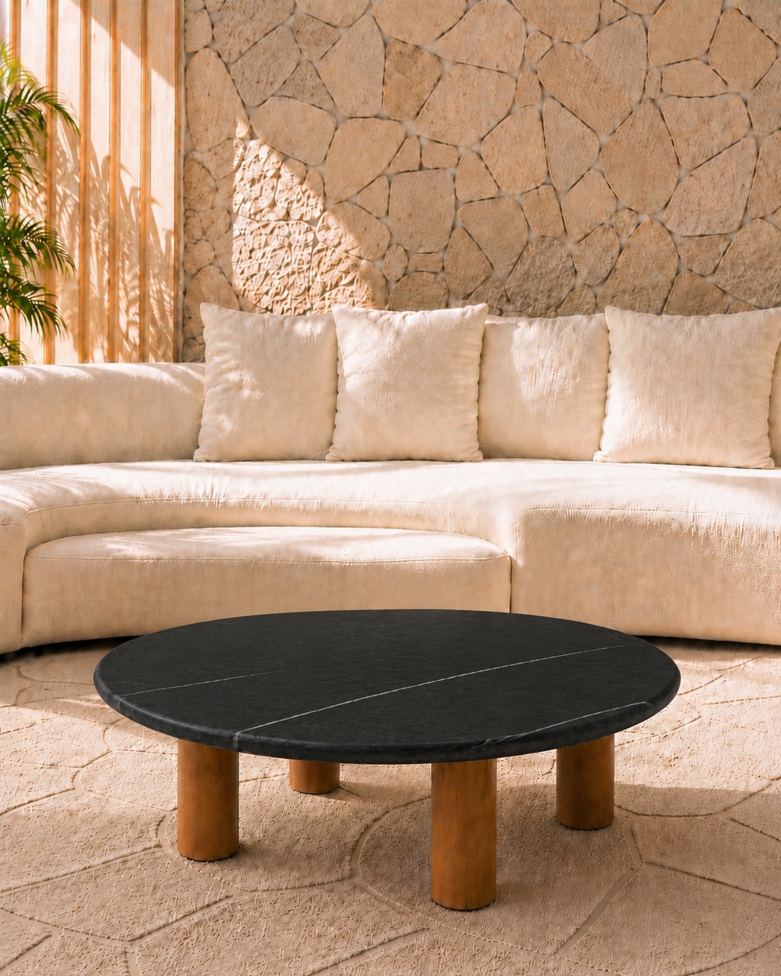 Mesa de Centro - Malbec Dallas Mármore Nero Striatto- Textura do Tampo Textura Levigado sem Brilho / Base Cilindro Pequena