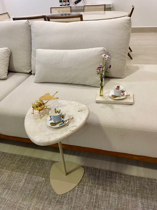 Mesa de Apoio em Mármore Travertino White Cream+ Ganhe uma Bandeja de Tarvertino Romano ou Porta Flor