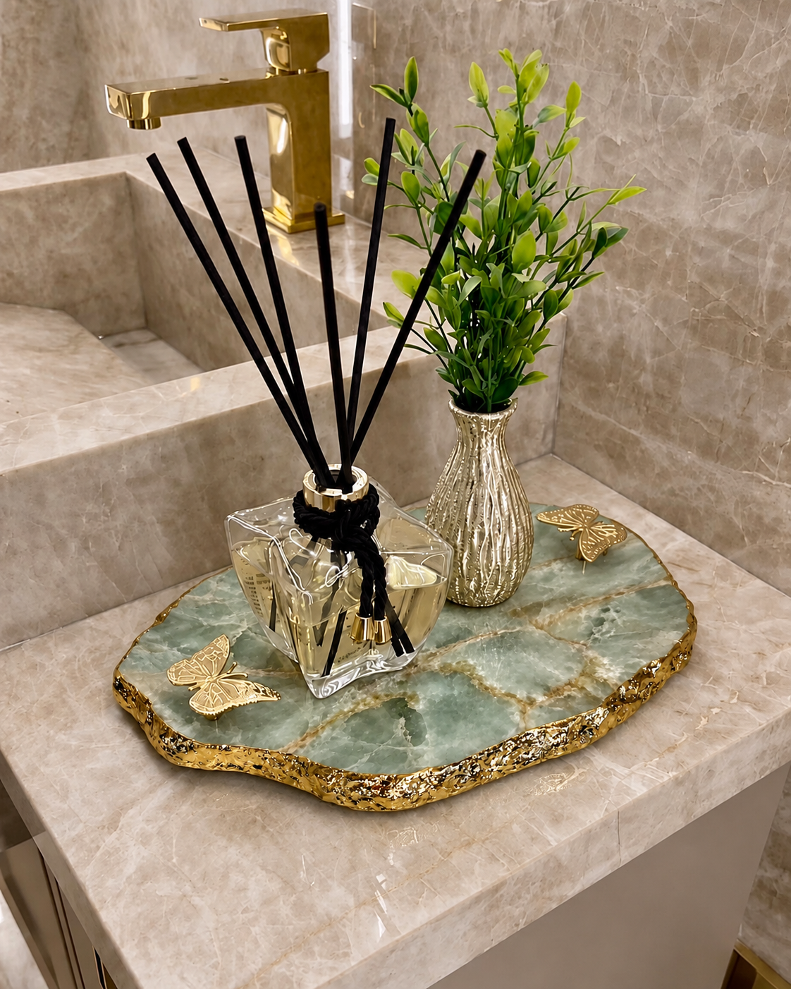 Platter Quartzito Verde Esmeralda |com Bordas Folheadas a Ouro 24k - Borboletas