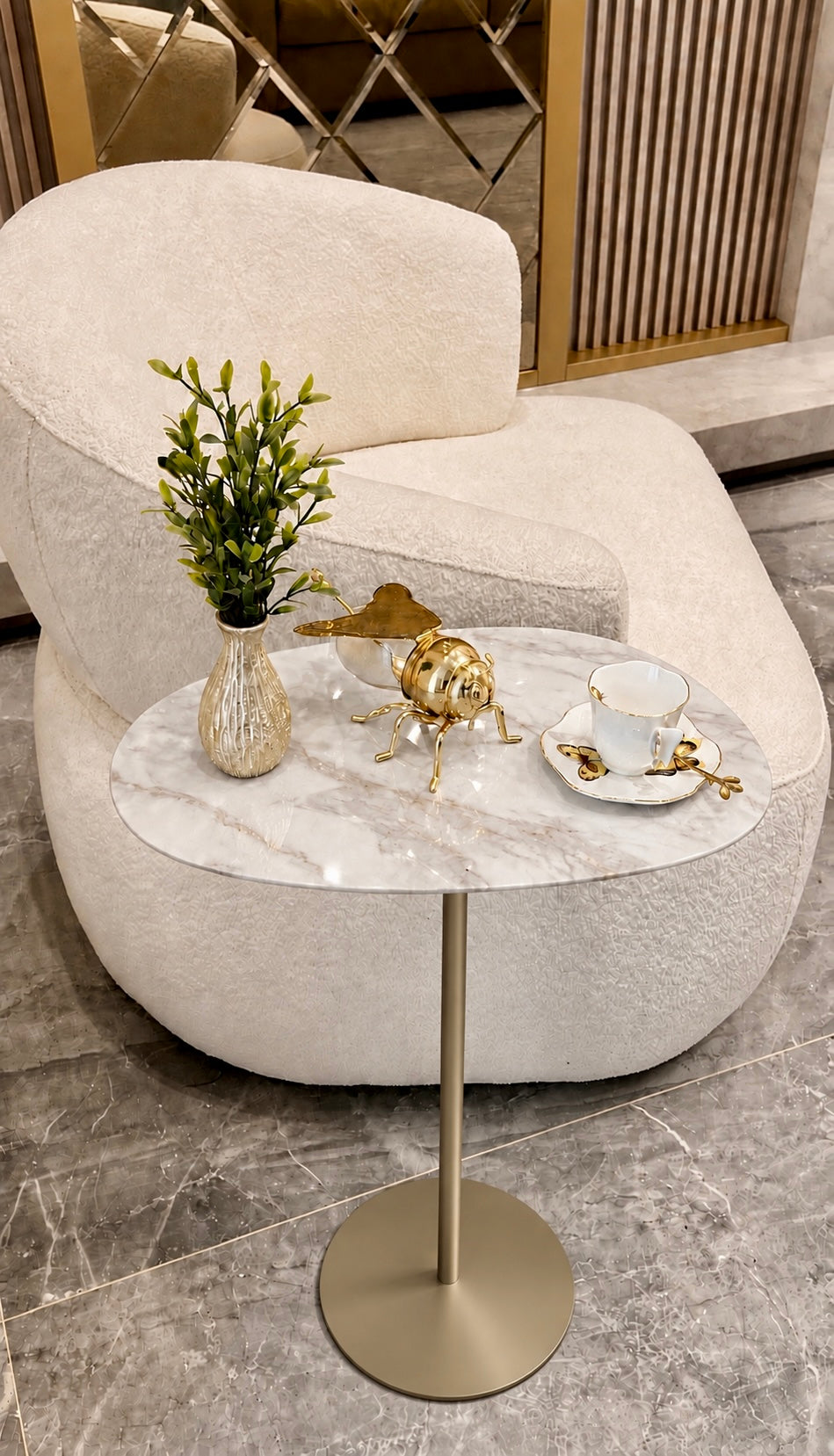 Mesa de Apoio - Tulipa Mármore Calacatta - Base com Champanhe