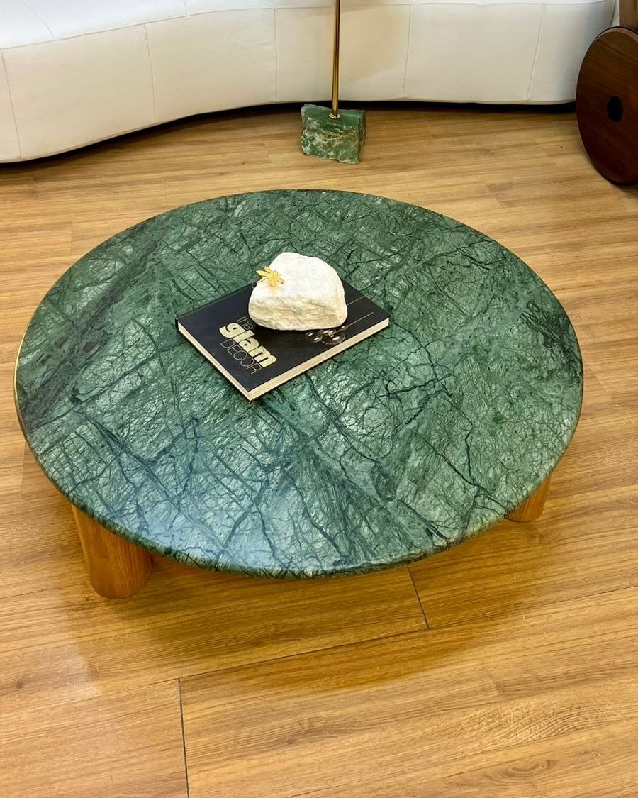 Mesa de Centro - Malbec Mármore Verde Guatemala Textura do Tampo Polida ( Com Brilho ) - Base Cilindrica Pequena