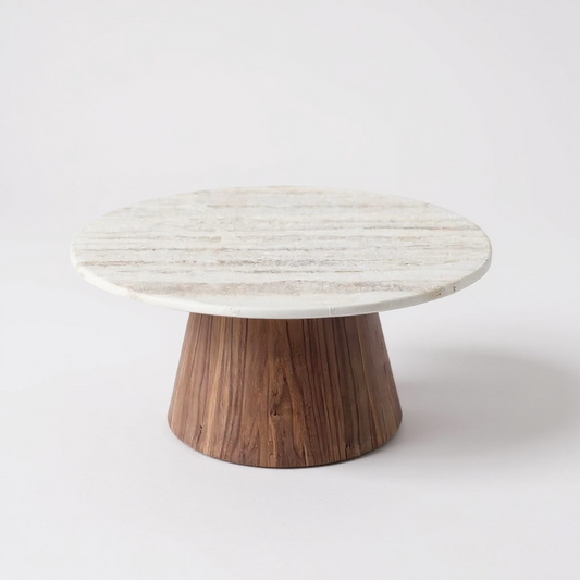 Mesa de Centro Malbec - Mármore Travertino Romano Textura Natural - Base Cone