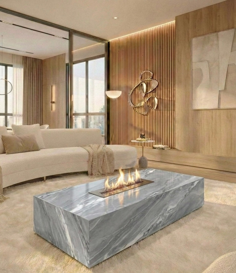 Mesa de Centro com Lareira Mármore Grigio Vulcano