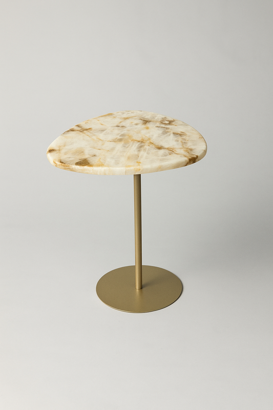 Mesa de Apoio - Linha Essencialle - Quartzito Cristallo Gold- Base cor Champanhe Redonda
