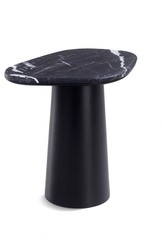 Mesa Conha de Apoio - Mármore Nero Striatto - Base Cilindro Robusta Madeira Ébano