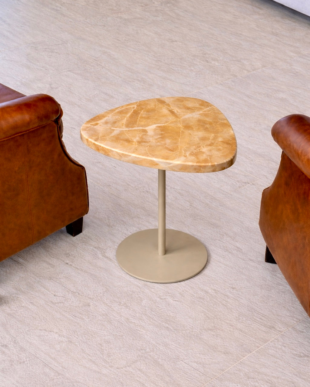 Mesa de Apoio - Linha Essencialle - Quartzito Oro Perlatto - Base cor Marfim Redonda