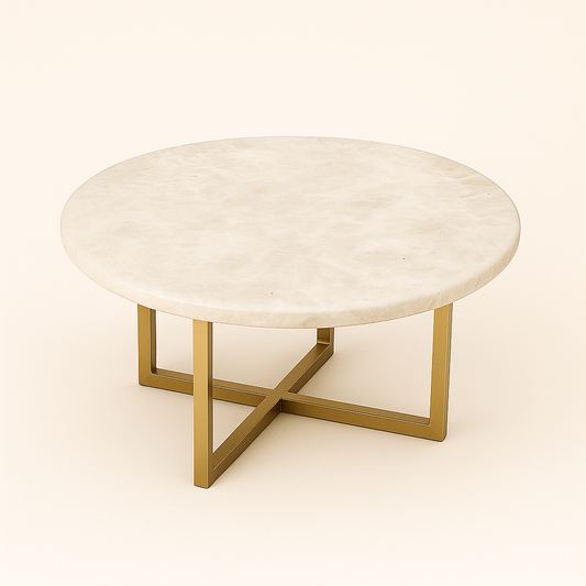 Mesa de Centro Malbec Mármore Travertino White Cream - Base Aço Carbono cor Champanhe