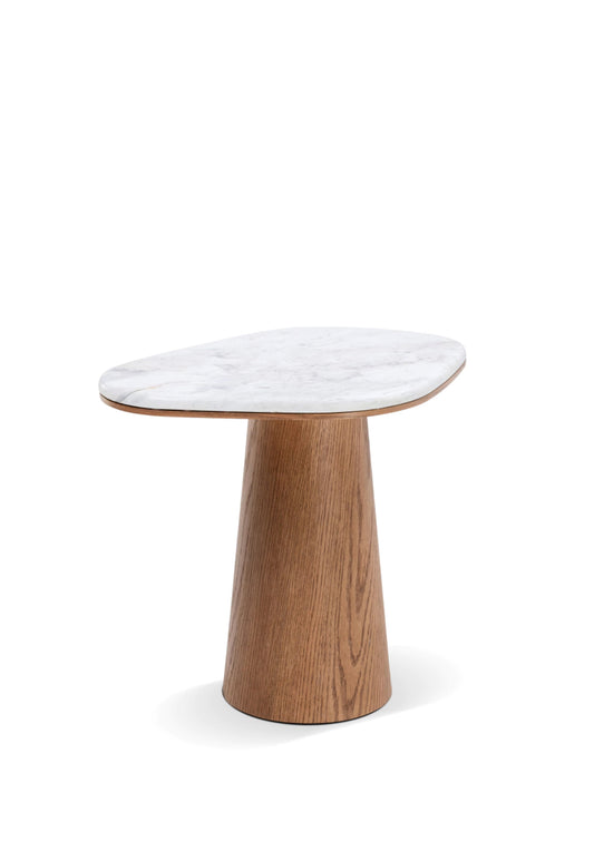 Mesa Conha de Apoio - Mármore Calacatta Michelângelo - Base Cilindro Robusta Madeira Freijó
