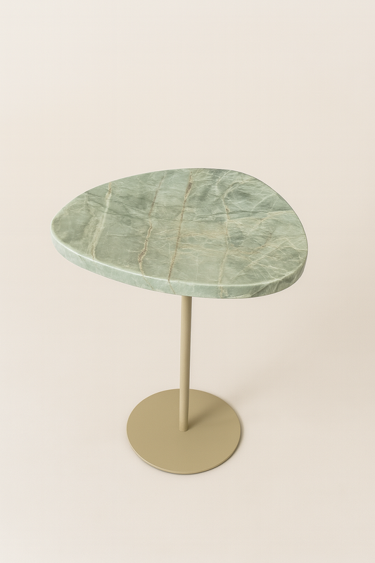 Mesa de Apoio - Linha Essencialle - Quartzito Verde Esmeralda - Base cor Bege Redonda