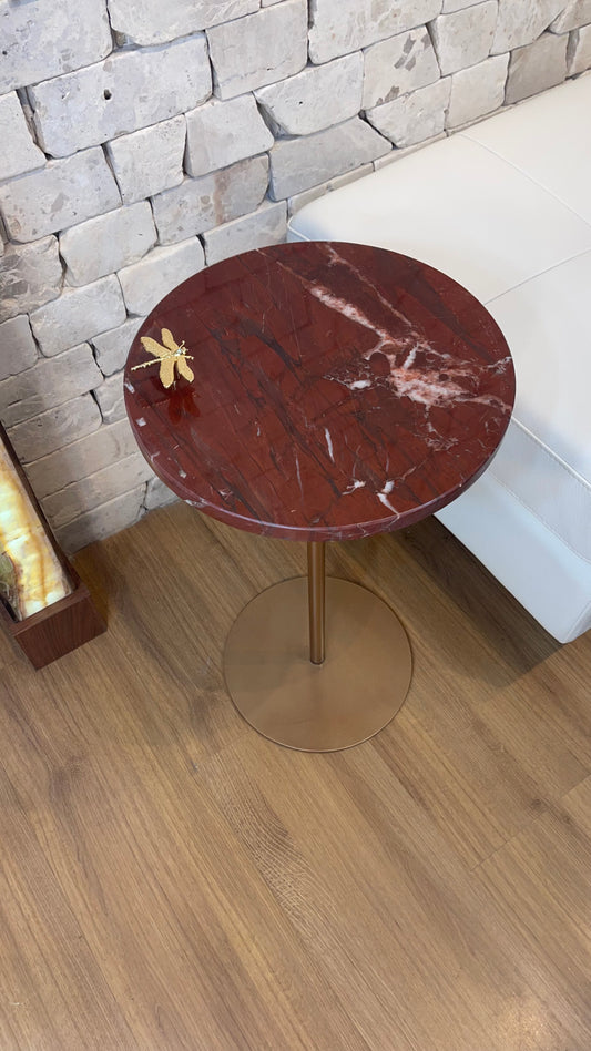 Mesa Lateral - Mármore Vermelho Napoleão - Linha Zera com Libélula - Base cor Cobre