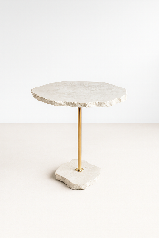 Mesa de Apoio - Mármore Travertino White Cream - Haste Dourada