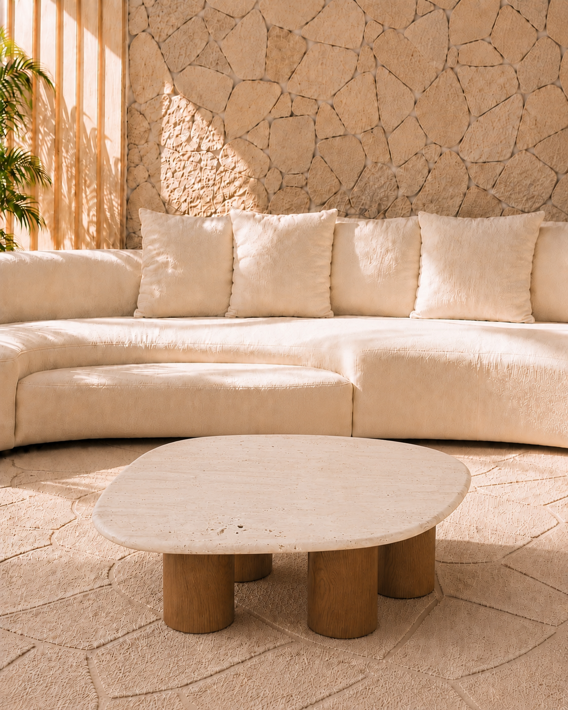 Mesa de Centro - Concha Mármore Travertino Romano Legítimo - Base Cilíndrica Pequena