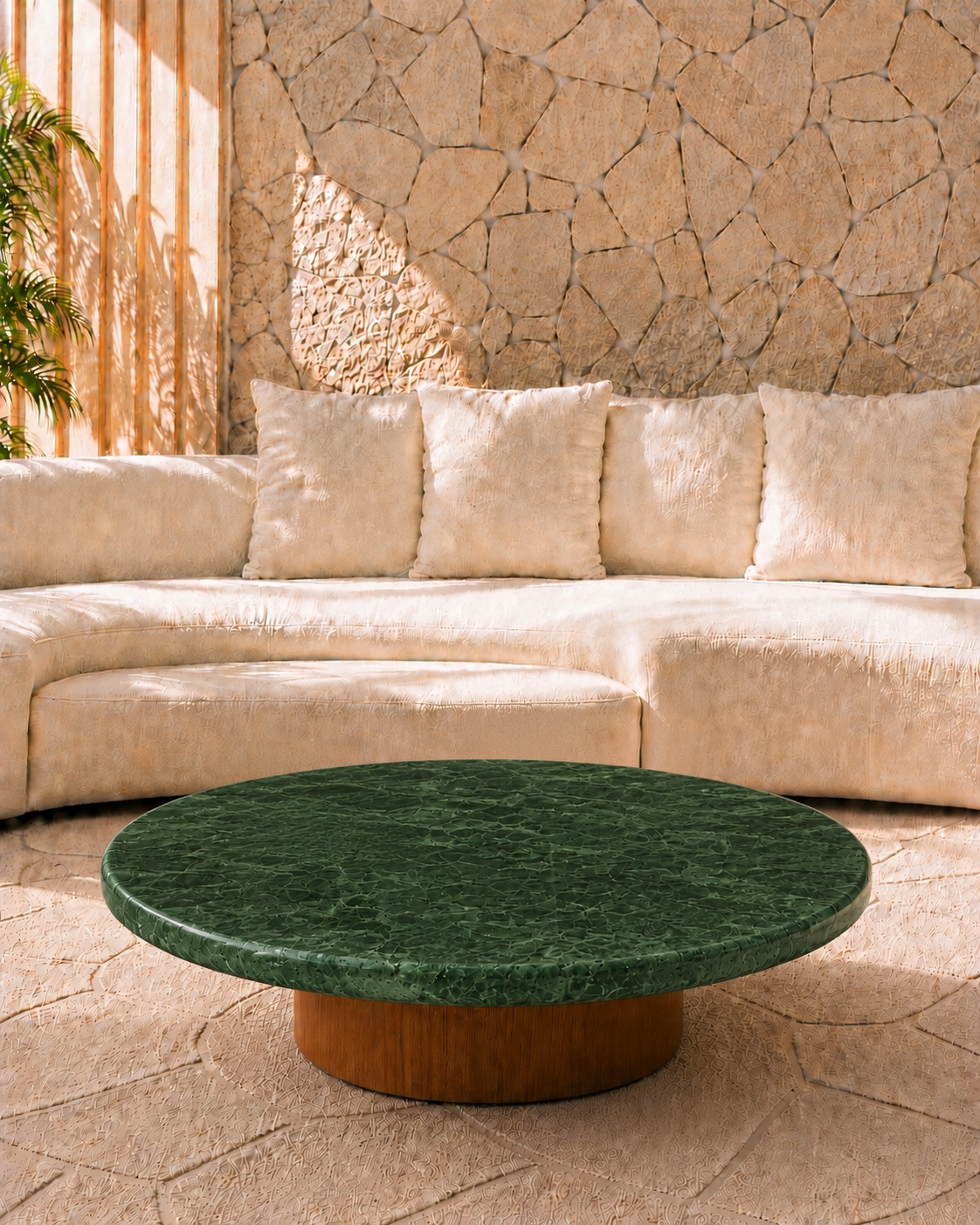 Mesa de Centro - Malbec Dallas  Mármore Verde Guatemala - Textura do Tampo Levigado (Fosco sem Brilho) Base Cilindrica Grande