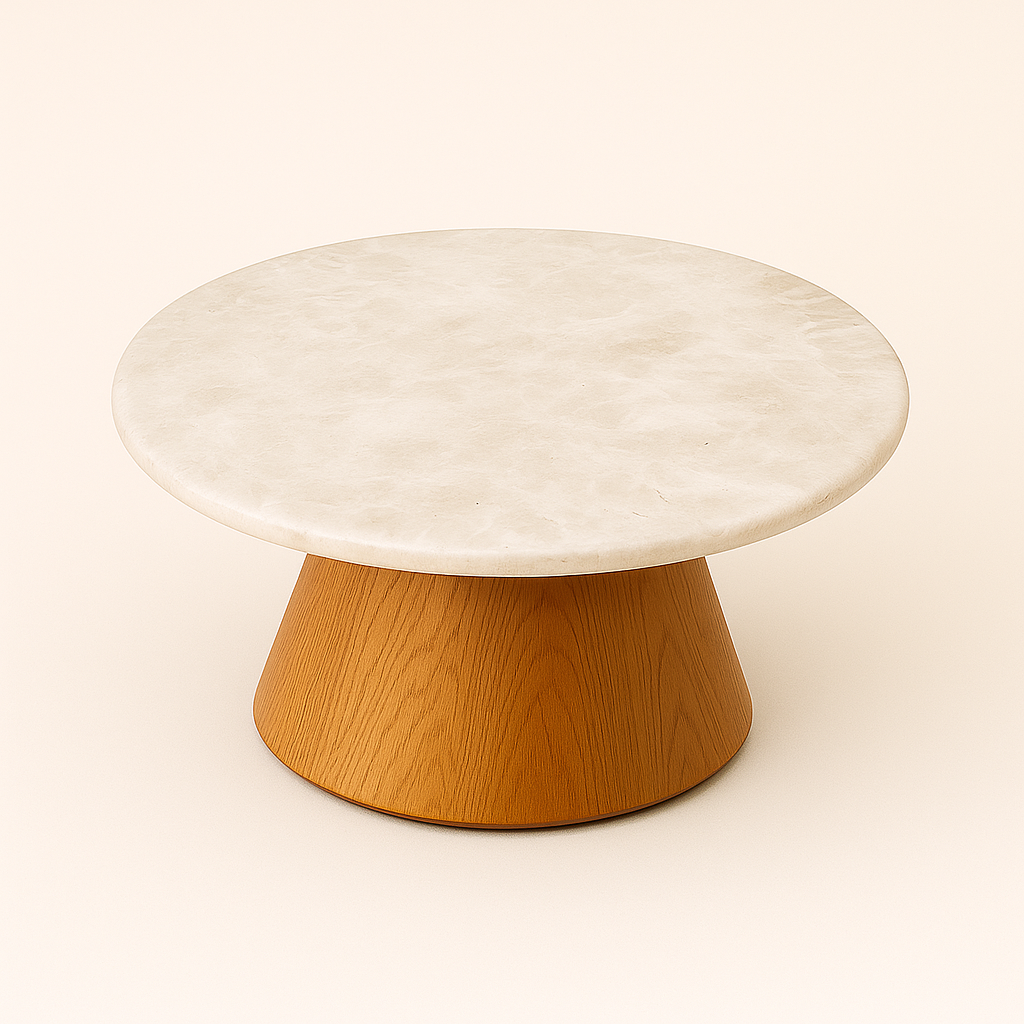 Mesa de Centro Malbec Mármore Travertino White Cream - Base Cilindro Cone