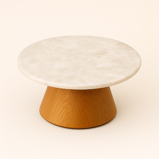 Mesa de Centro Malbec Mármore Travertino White Cream - Base Cilindro Cone