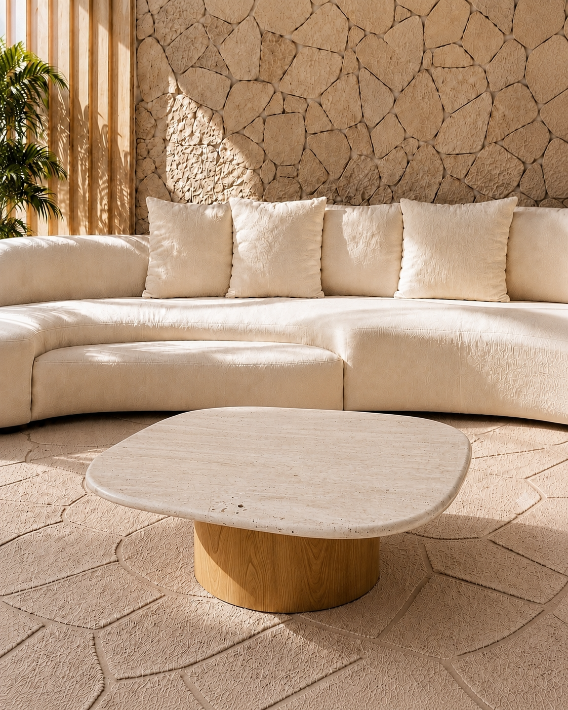 Mesa de Centro - Concha Mármore Travertino Romano Legítimo - Base Cilindro Grande